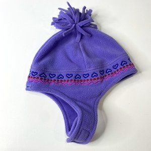 REI girl's 2-4 year purple fleece hat with pom pom and velcro chin straps.